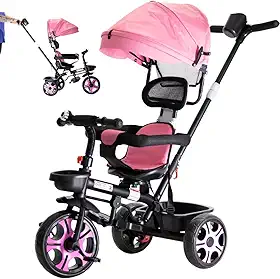 Triciclo Infantil Bebê Baby Style 2 em 1 Zupa com Assento Giratório 360°, Capota Removível e Haste de Empurrar – Certificado INMETRO (Rosa)
