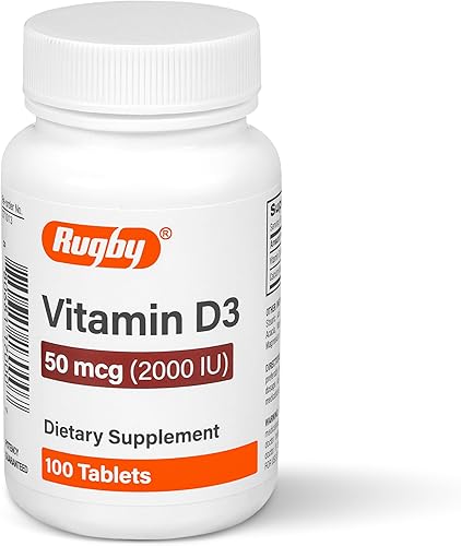 Rugby Vitamina D3 2000 UI (50 mcg) - Suplemento dietético diario de vitamina D sin gluten para huesos, dientes y salud inmunológica, 100 tabletas