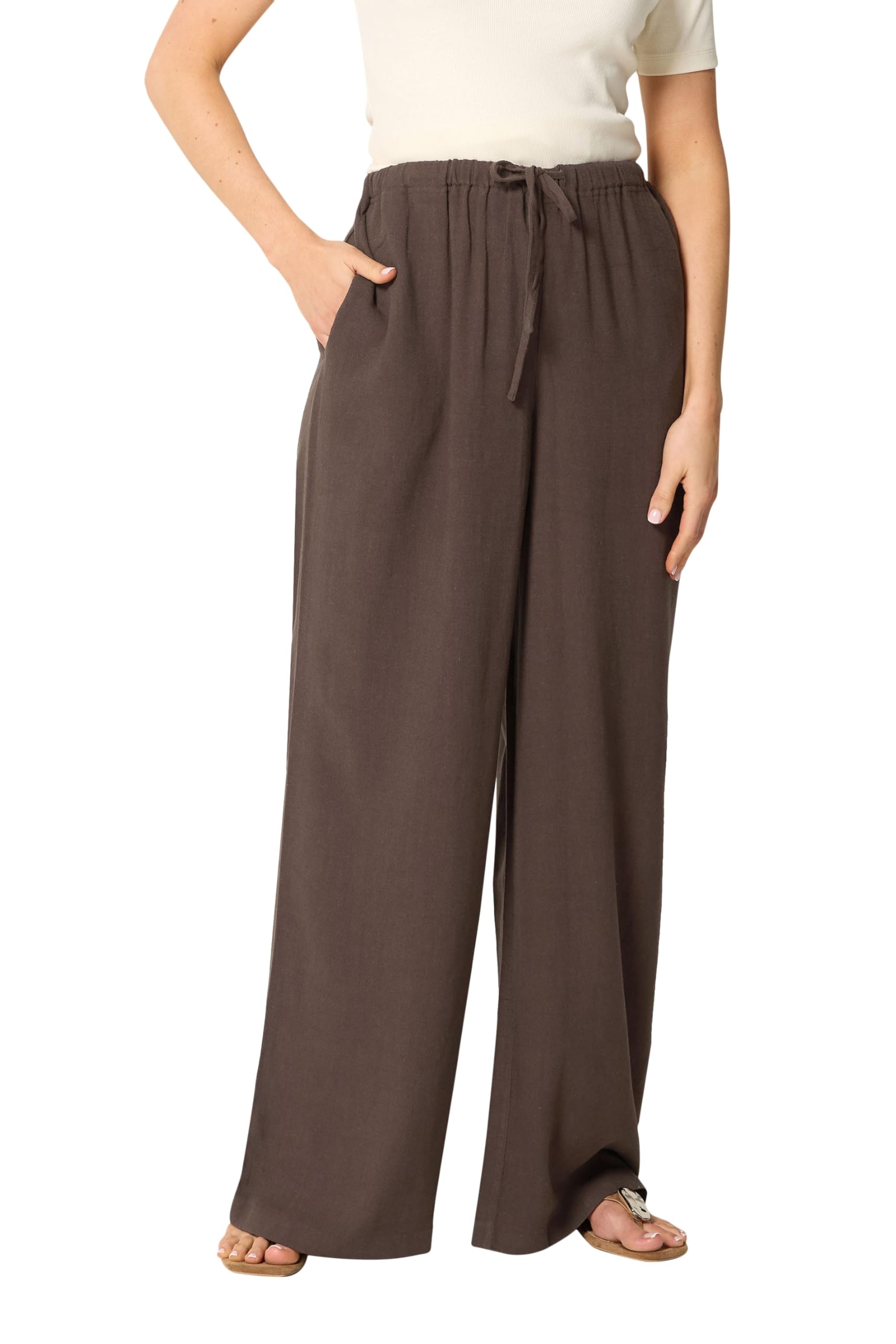 Long Tall Sally Women's Chocolate Tall Wide Leg Linen Trousers In Large