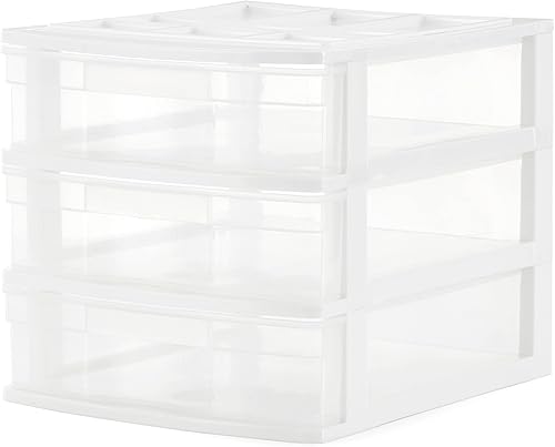 Gracious Living Juego de cajones organizadores de escritorio y encimera de 3 cajones, blanco/transparente