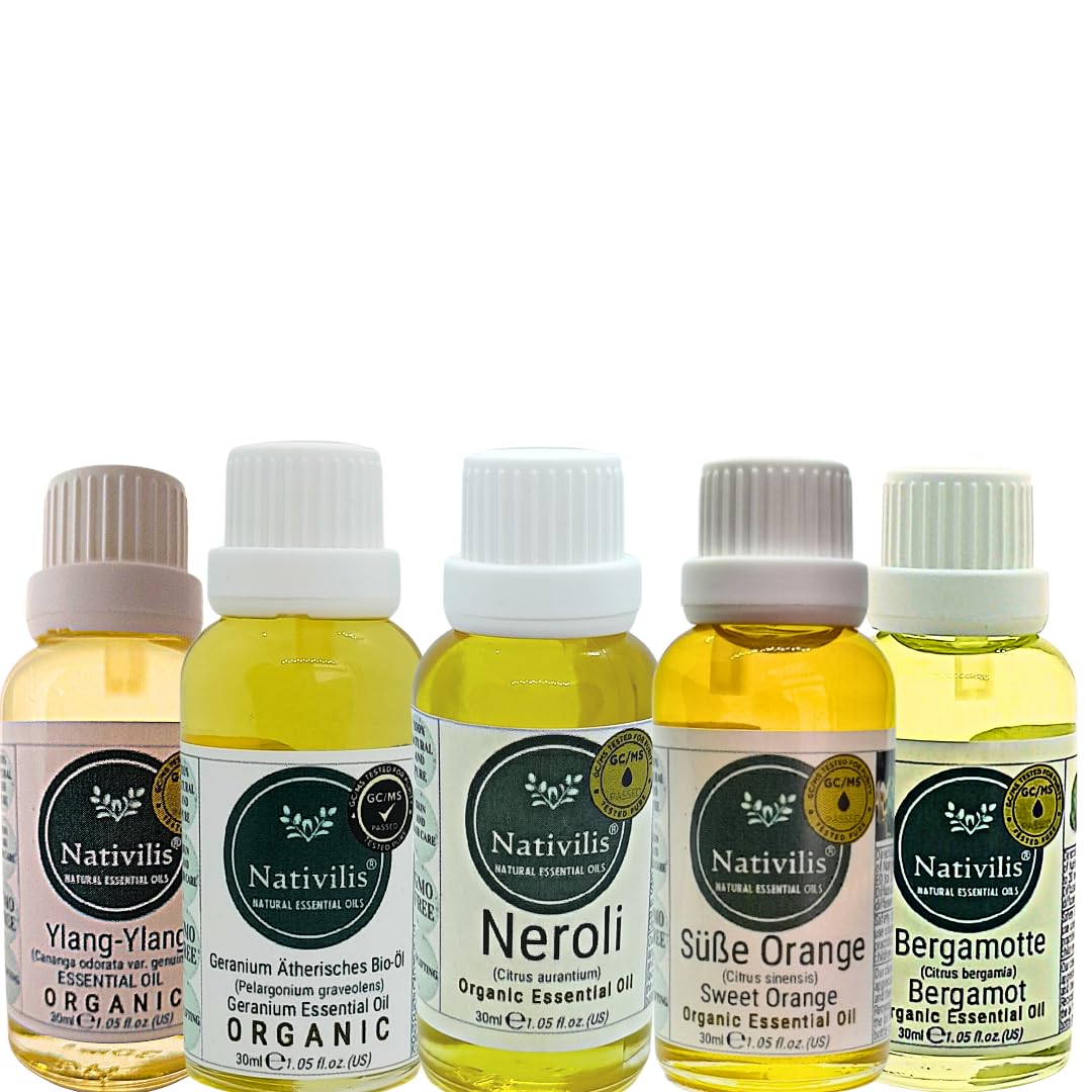 Nativilis - Juego de aceites esenciales orgánicos – Ylang-ylang, geranio, neroli, naranja dulce y bergamota, 5 x 30 ml, aromaterapia floral y cítrica para relajación y bienestar