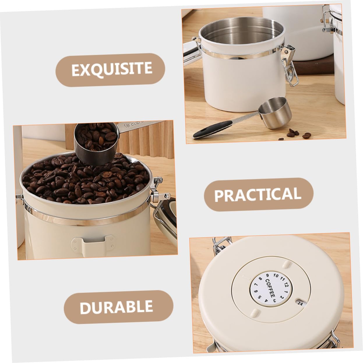 Bote de Café en Grano 1, 2l de Acero Inoxidable Beige, 1 Juego