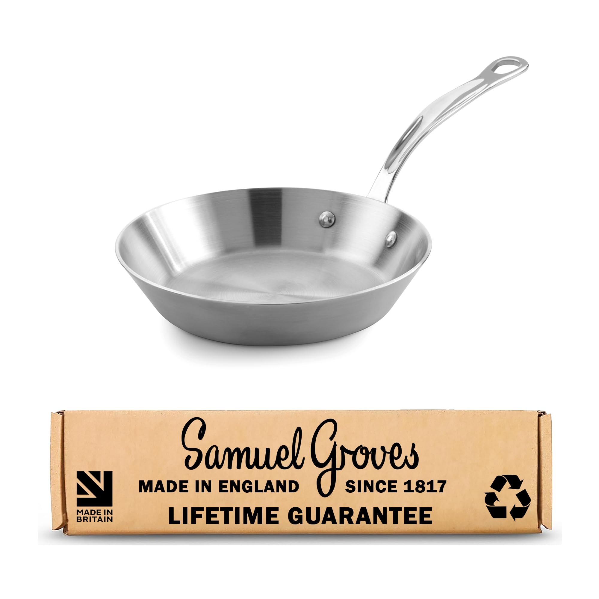 Samuel Groves Classic 20cm Stainless Steel Frying Pan - Professional Tri-Ply Fry Pan - Induction & Oven Safe, Heavy Duty 3mm, Pan for Life Refurbishment - Made in England, Oldest UK Cookware Company