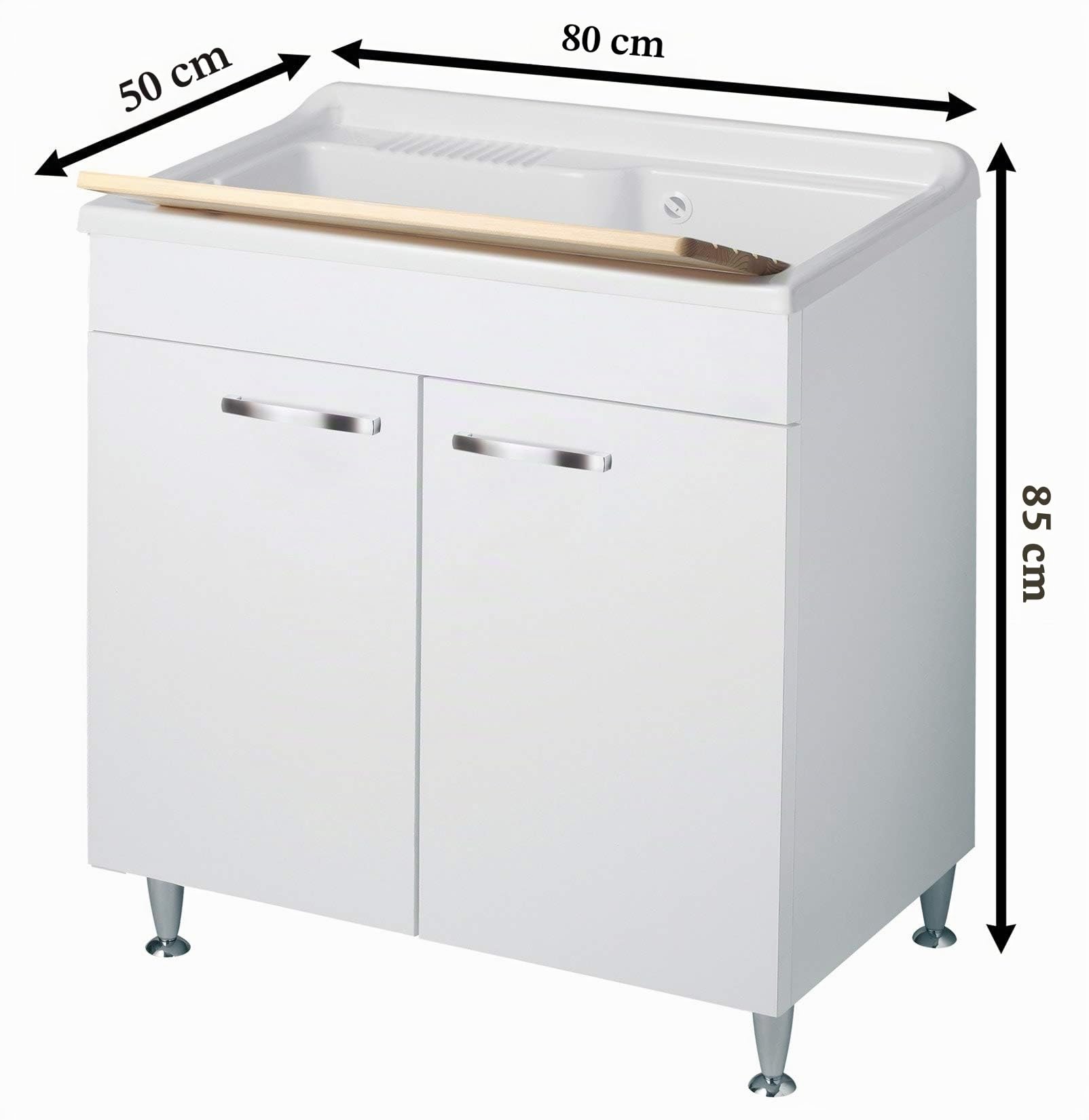 Negrari Classica Lavatoio Montato 80x50 L80 P50 H85 cm Bianco Interno Mobile Legno Vasca Grande Polipropilene Termoformatura Asse Pino Piedi Regolabili Cerniere Ante Slow Arrotondate Maniglie Cromate