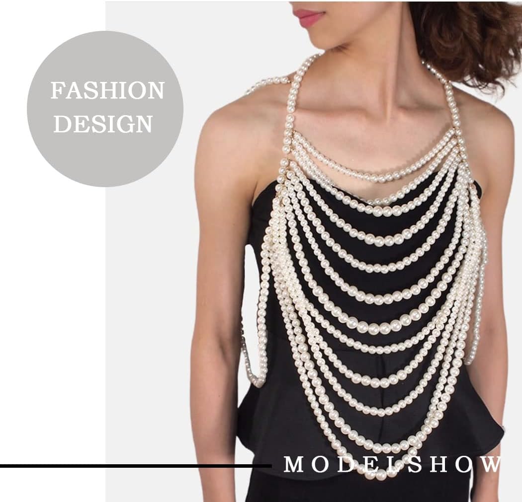 Pearl Body Chain Top Shoulder Necklace Pearls Body Jewelry for Women Bra Chains for Wedding Party Summer Beach