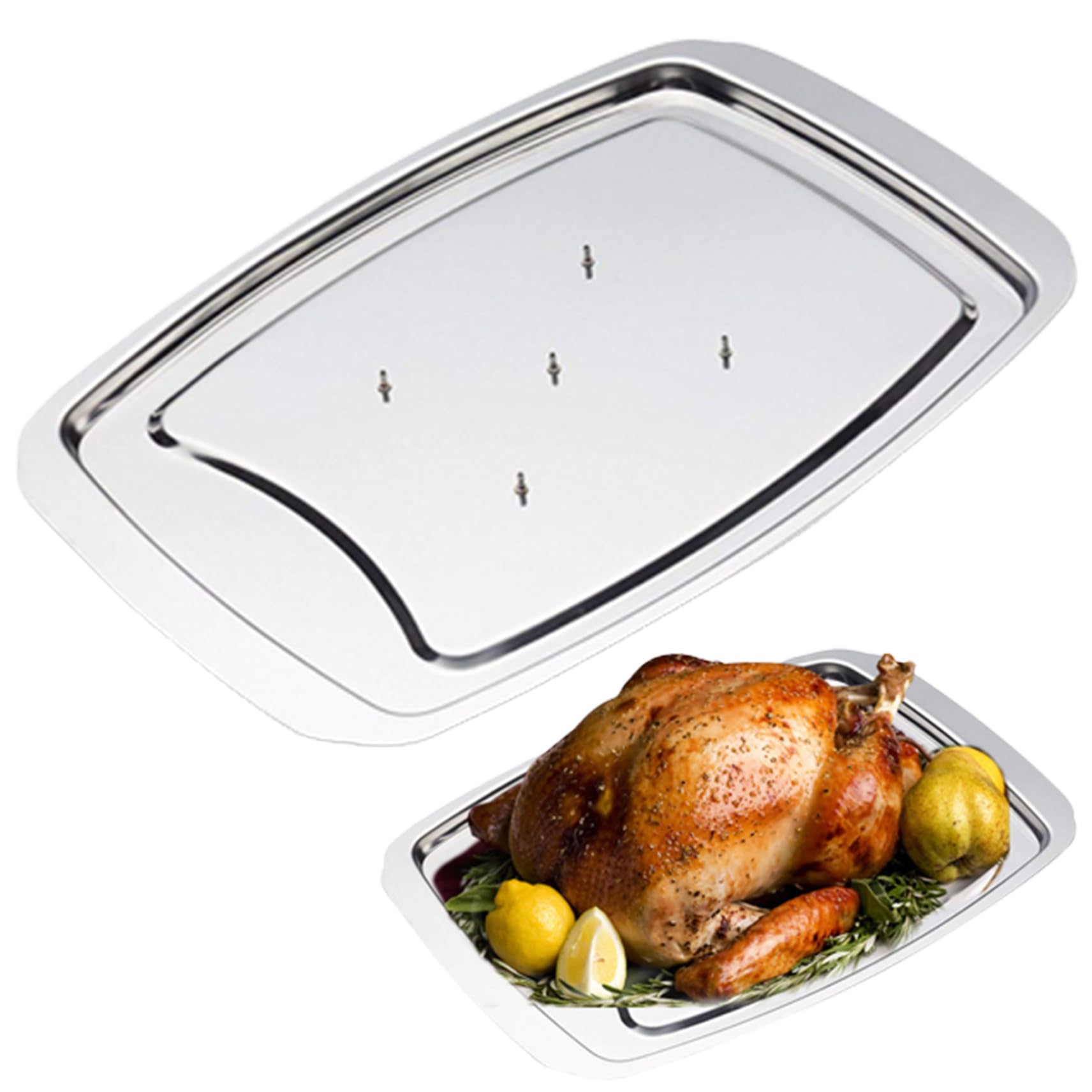 Tadoiooy Roasting Tray,Oven Tray Set, Stainless Steel Carving Tray Spiked Meat Dish with Spiked Caps Polished Non-Slip Serving Tray Turkey Pan for Slicing, Cutting, Chopping