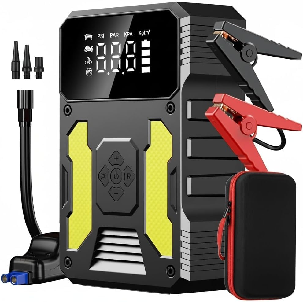 3000A portátil arrancador de batería para coche, equipado con un compresor de aire de 150 psi, 3 linternas de bolsillo LED, carga rápida, función 4 en 1 potenciador de batería, y seguridad mejorada