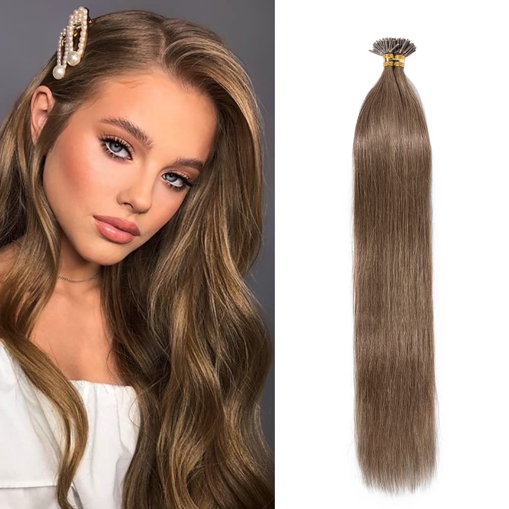 SEGO Pre Bonded Keratin Stick/I Tip Remy Human Hair Extension Cold Fusion Hair Piece for Women Smooth Straight 100 Strands/pack #6 Light Brown 16 inches 50g