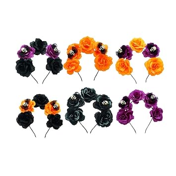 Minkissy 6pcs Halloween Flower Headband Mexican Flower Crown Horror Skull Day of the Dead Headpiece Gothic Costume Cosplay Headdress for Women Girls Men