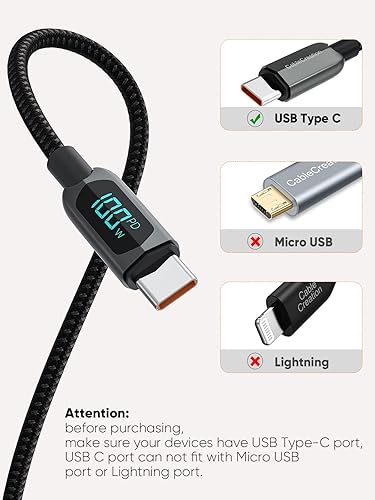 Miniatura 6 de CableCreation Cable USB C a USB C de 3.3 pies PD de 100 W con pantalla LED, cable USB C trenzado de carga rápida en tiempo real para iPhone 15, iPad