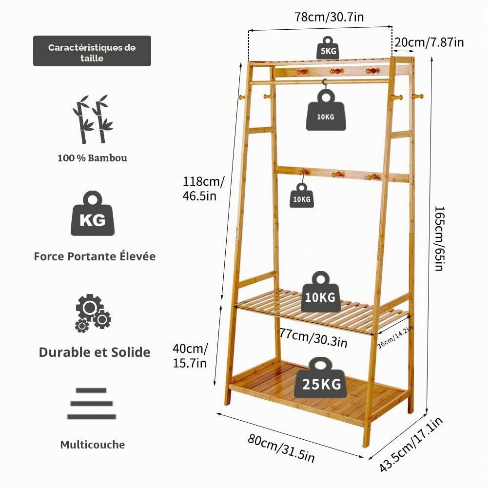 unho Portant À Vêtement Solide: Penderie Vêtement Armoire Rangement pour Vêtements et Penderies en Bambou Portique Vêtement et Range Chaussures pour Salon Chambre Dressing - 43.5x80x165cm