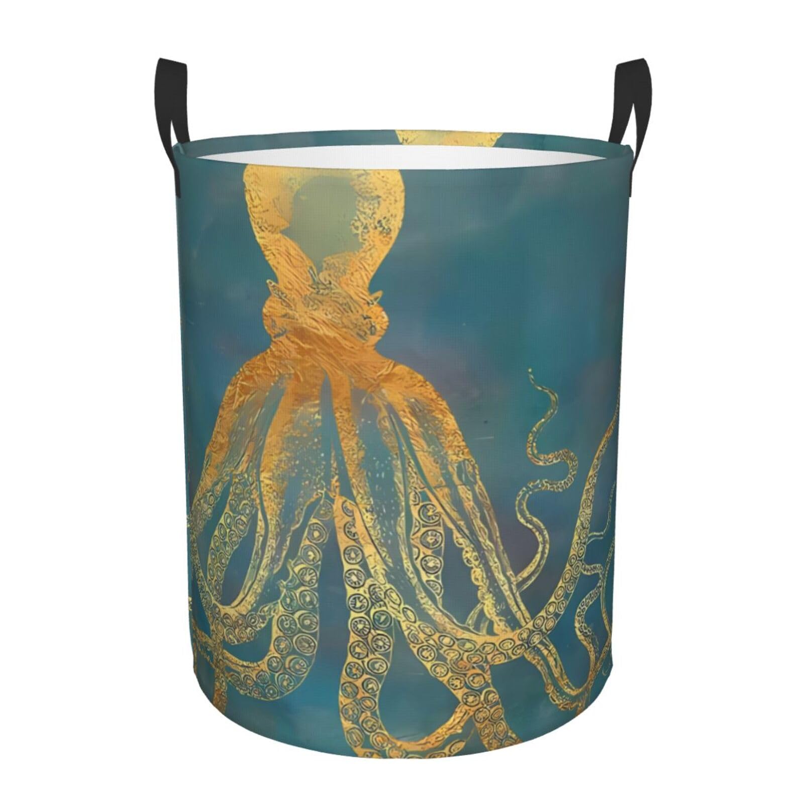M Circular Hamper Golden Octopus Print for Dirty Clothes