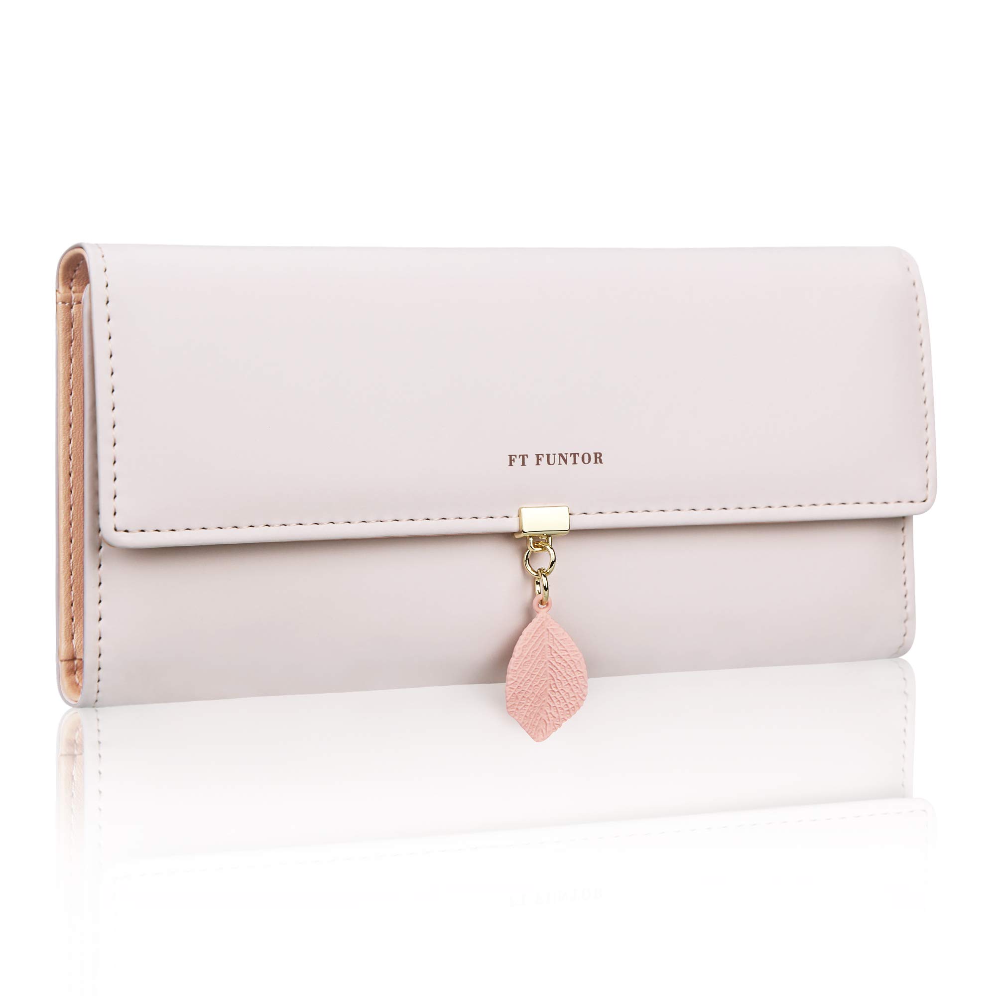 FT FUNTORPU Leather Wallet for Women RFID Blocking Ladies Leaf Pendant Coin Zipper Long Purse with Multiple Card Slots and Card Holders Phone Pocket (L-Purple White)