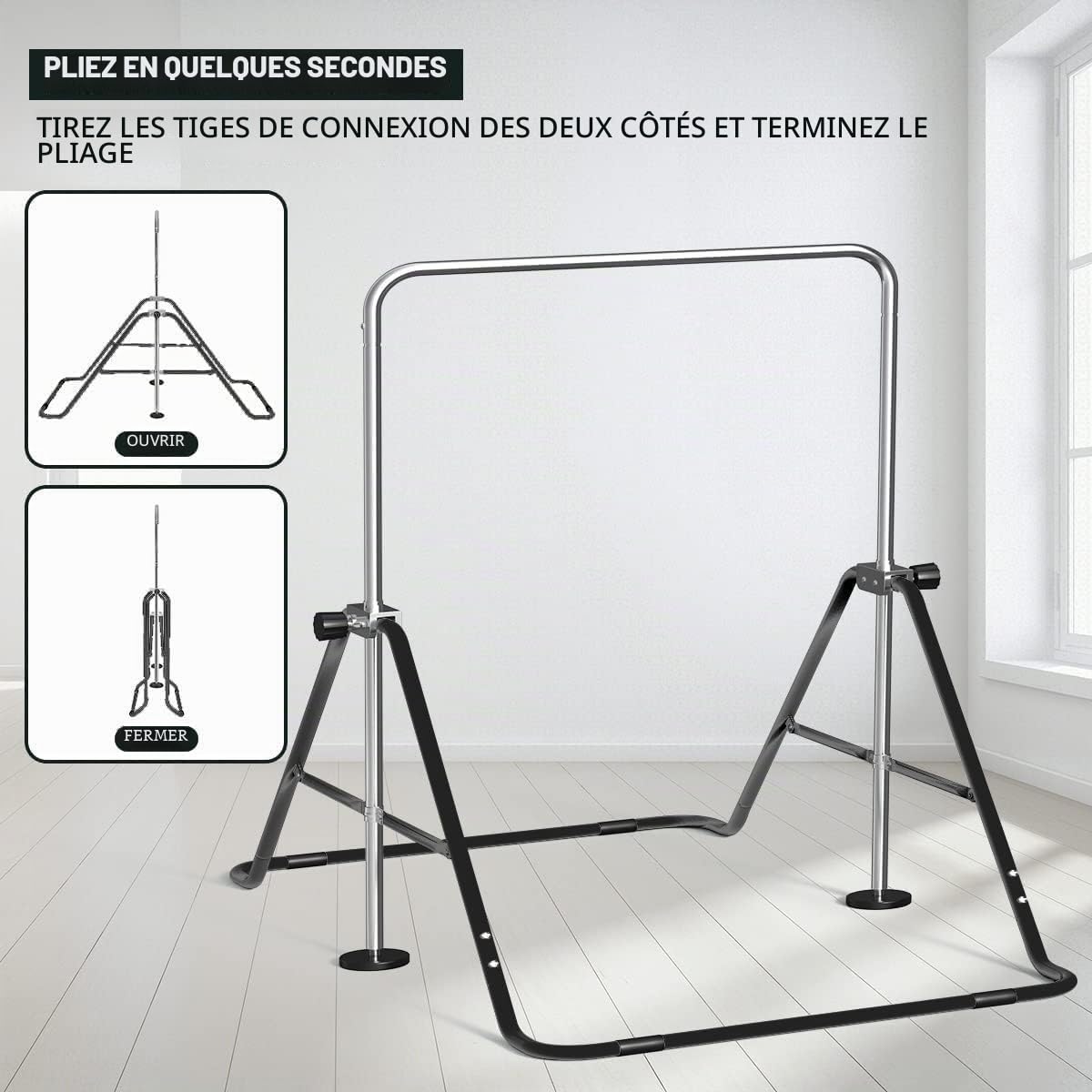 FBSPORT Barre de Gymnastique Enfant Pliable avec Hauteur Réglable Et Anneaux, Barre de Gym Intérieur Exterieur pour Junior Enfants à Domicile Noir | Barre de Gym Intérieur Exterieur pour Junior Enfants à Domicile