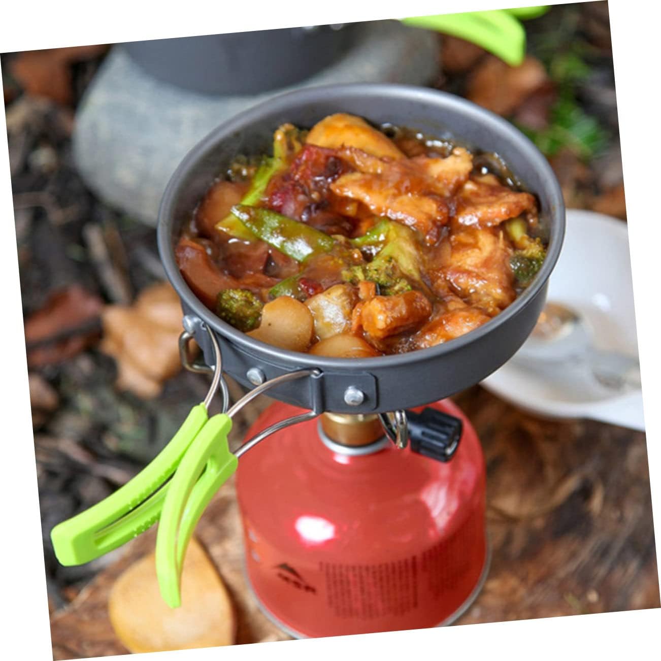 1set Person Portable Outdoor Cookware Set Green Handle Camping Cookware Kit Accessories Carrying Bag for Hiking Backpacking and Picnics