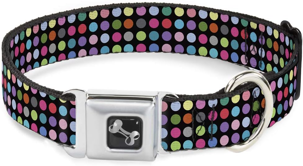 Dog Collar Seatbelt Buckle Mini Polka Dots Black Multi Color 9 to 15 Inches 1.0 Inch Wide