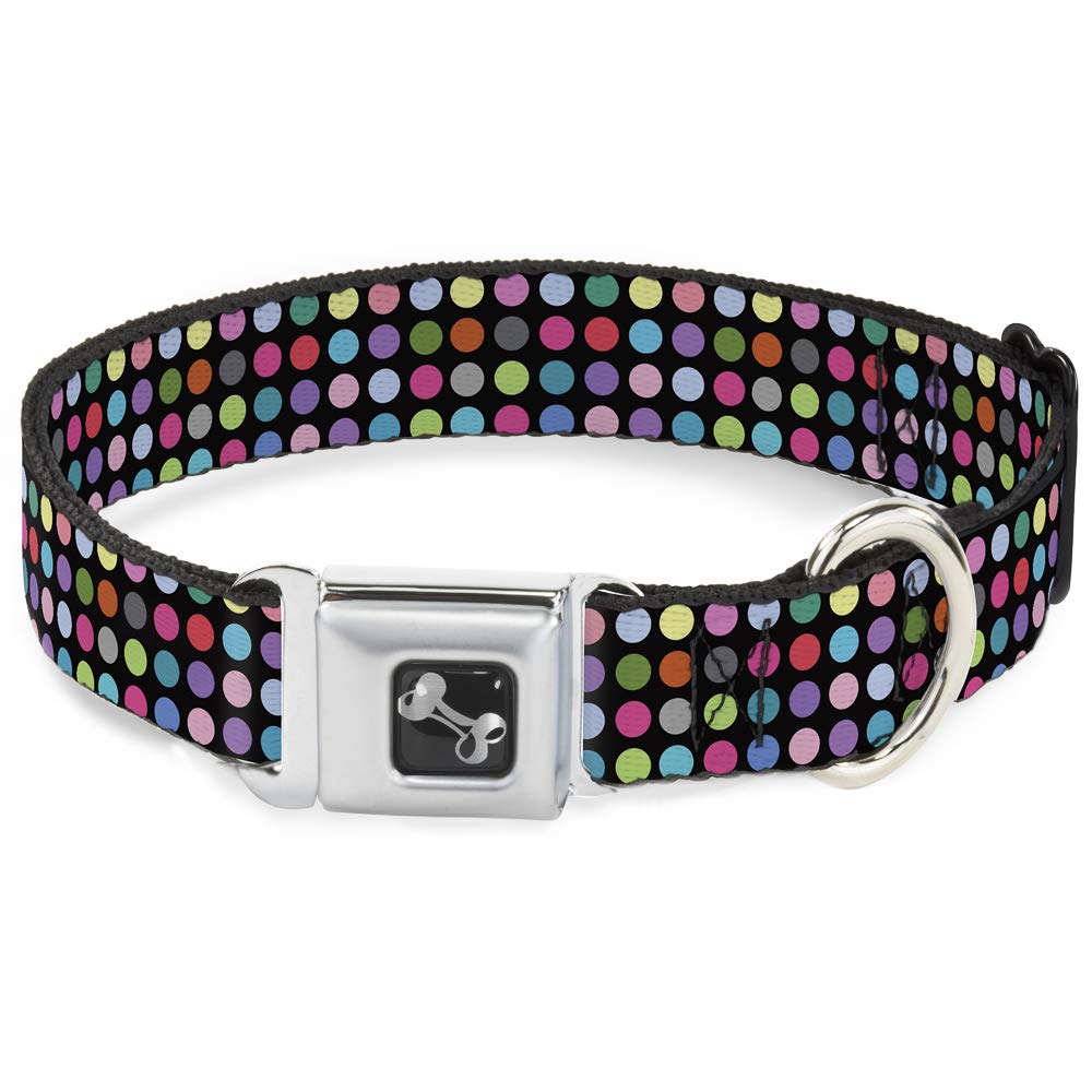 Buckle-Down Obroża dla psa z klamrą pasa bezpieczeństwa - mini kropki czarna/wielokolorowa - szerokość 3,8 cm - pasuje na szyję 33-45 cm - mała