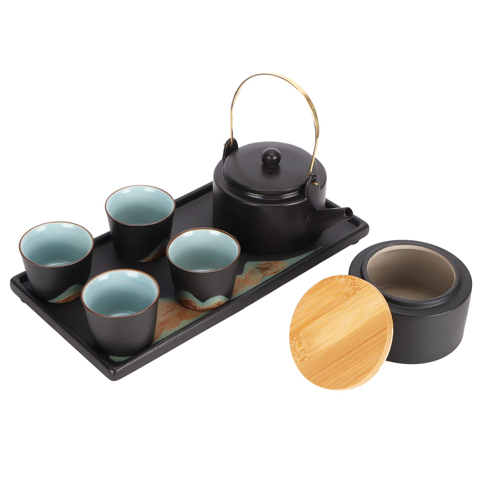 Japoński Zestaw do Herbaty Kung Fu, Tacka na Filiżanki z czarną ceramiką, Piękny Ceramiczny Zestaw do Ceremonii Parzenia Herbaty, Idealny, z Regularnymi Ustami Filiżanki,