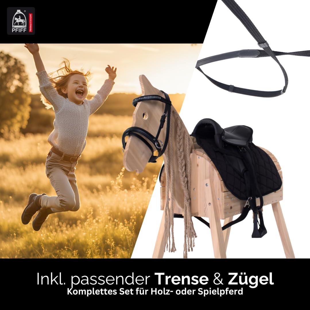 PFIFF 103122 Kinder Sattelset für Holzpferde, Reitset, Sattel und Trense für Spielpferde, Schwarz, MS