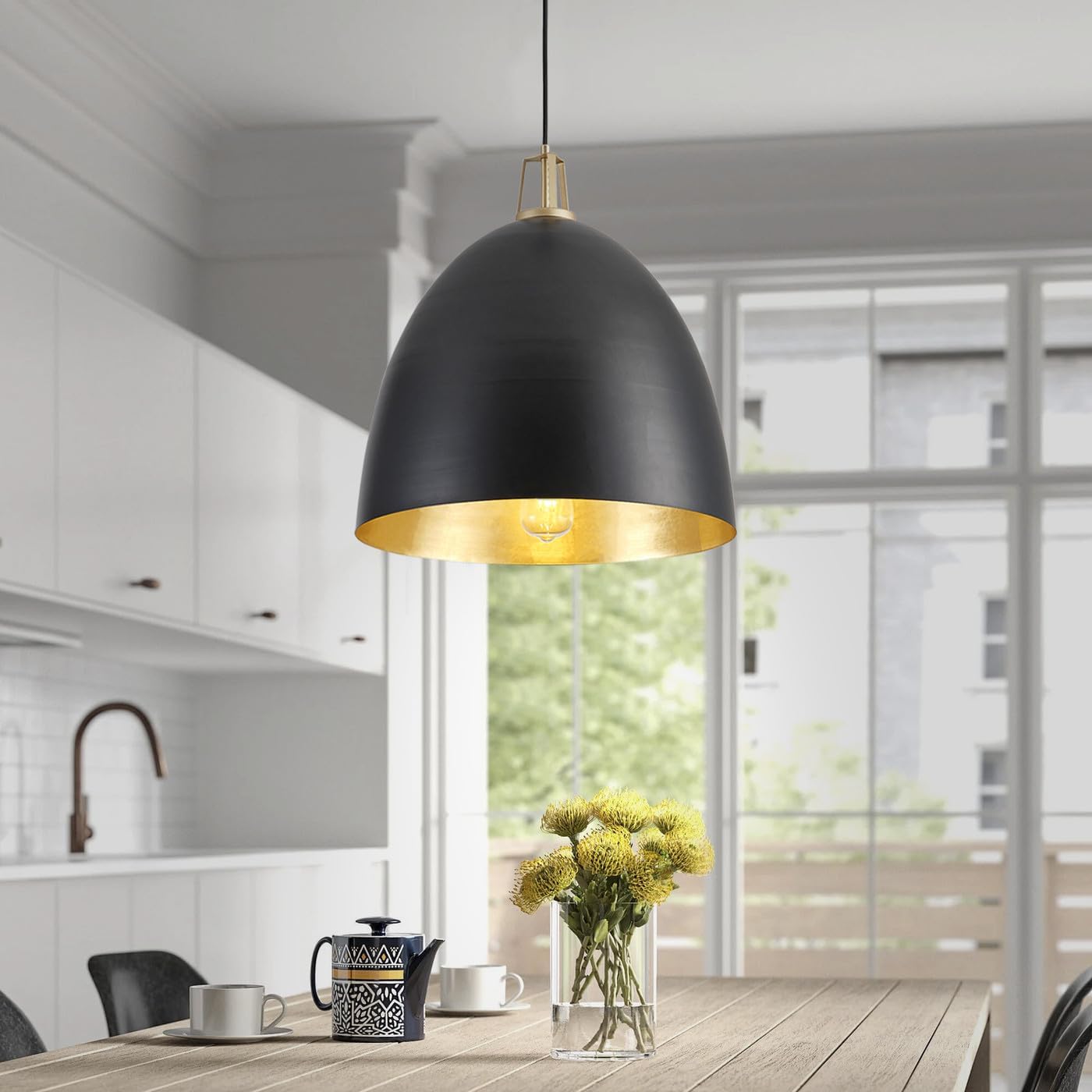 Aiwen Industrial Pendant Light Fixtures Kitchen Island, 17 inch Black Finish Gold Interior Pendant Lighting, Vintage Farmhouse Decor Metal Hanging Light for Dining Room Foyer E26