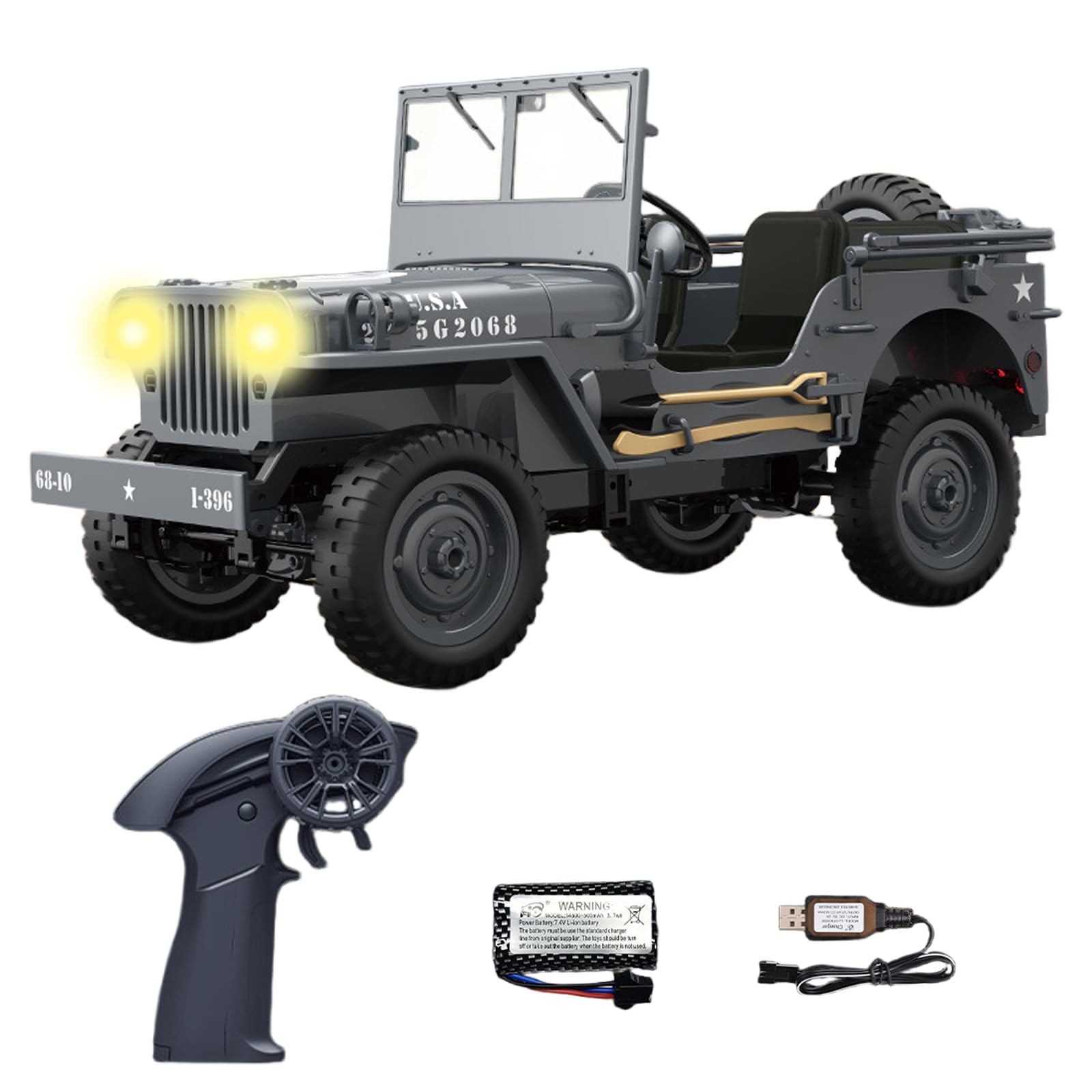 Hylukon 1/10 Scale Remote Control Car, 2.4Ghz Willys Off Road RC Jee with Linked Lights, 4WD All Terrain Rock Crawler Militar Truck Toy RTR Hobby RC Car for Teens Adults (1 Battery)
