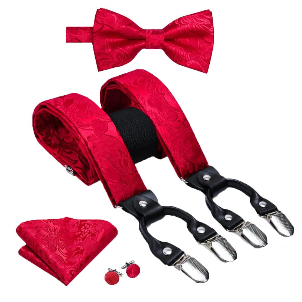 keusyoi Herren-Hosenträger-Set aus Seide, 6 Clips, Hosenträger im Vintage-Stil, Y-Rücken, Fliege, Einstecktuch, Manschettenknöpfe, verstellbar