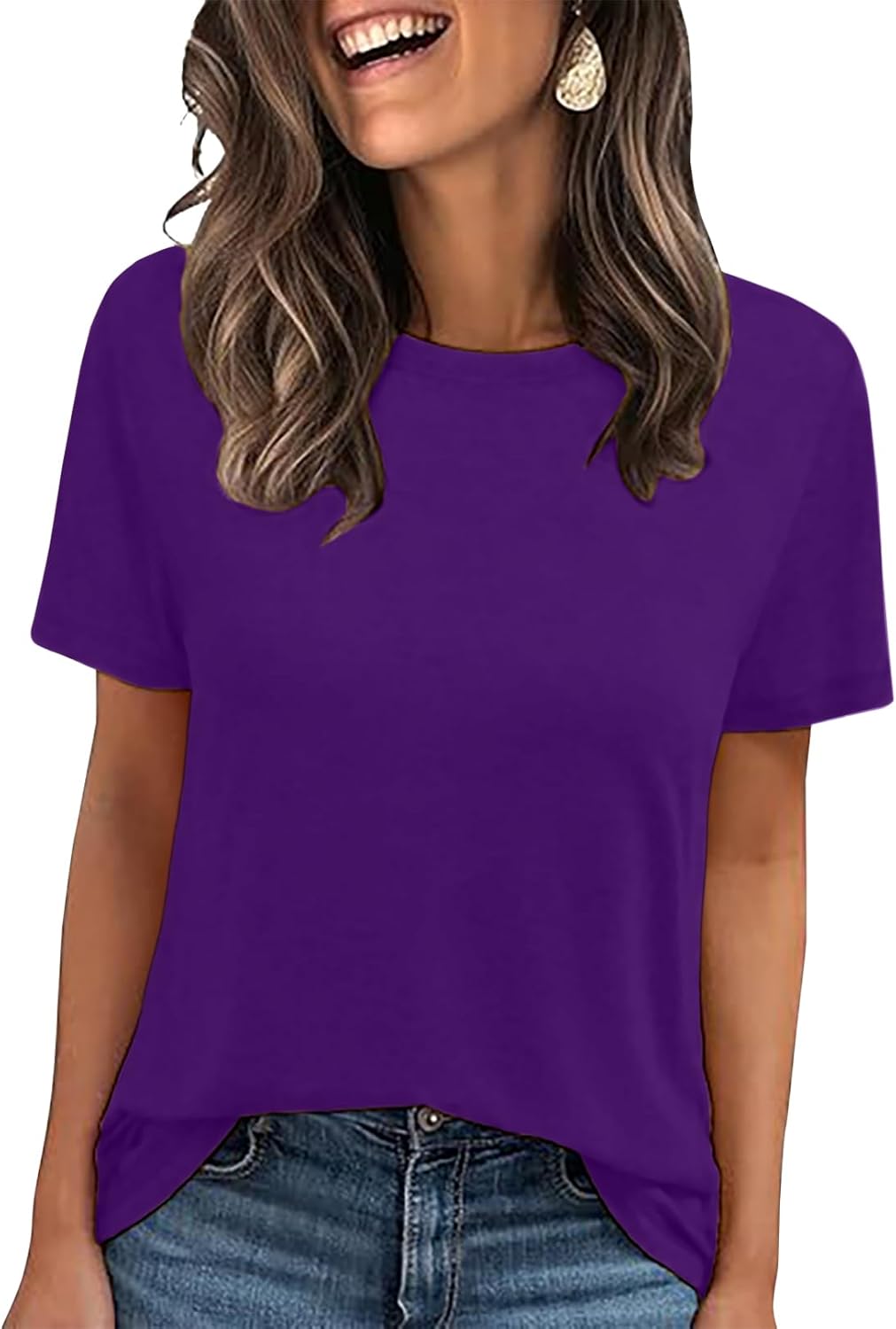 LOOKFACE Women's Summer Short Sleeve Crewneck T Shirts Solid Color Tees Casual Basic Tops
