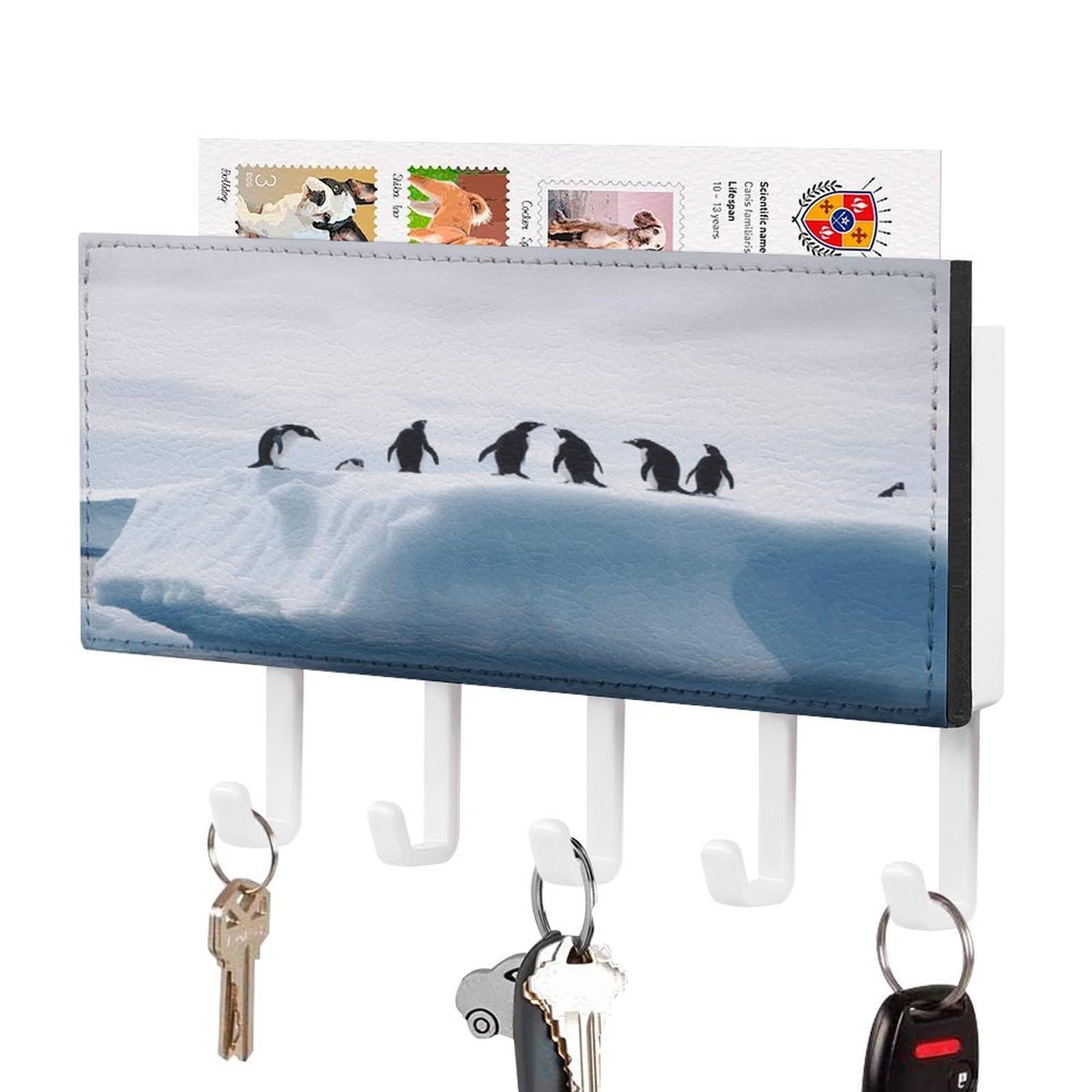 Fekiloot White-Style Penguins On The Iceberg Key Holder Wall Mount Decorative Key And Mail Holder With 5 Hooks Key Hanger Organizer Pu Key Rack Decorative Home Decor For Wall Living Room Entryway Office