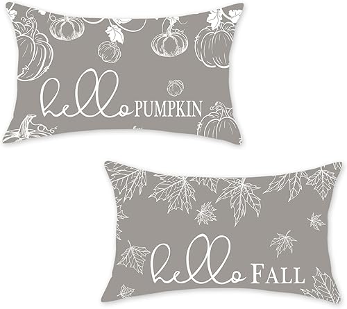 ONWAY Juego de 2 fundas de almohada otoñales de 12 x 20 pulgadas, diseño de calabaza, hojas de arce y calabaza, decoración para exteriores, patio,