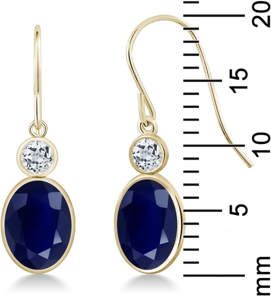 Gem Stone King 14K Yellow Gold Blue Sapphire and White Topaz Hook French Fish Ear Wire Dangle Earrings For Women (3.86 Cttw, Gemstone September Birthstone, Oval 8X6MM, Round 3MM)