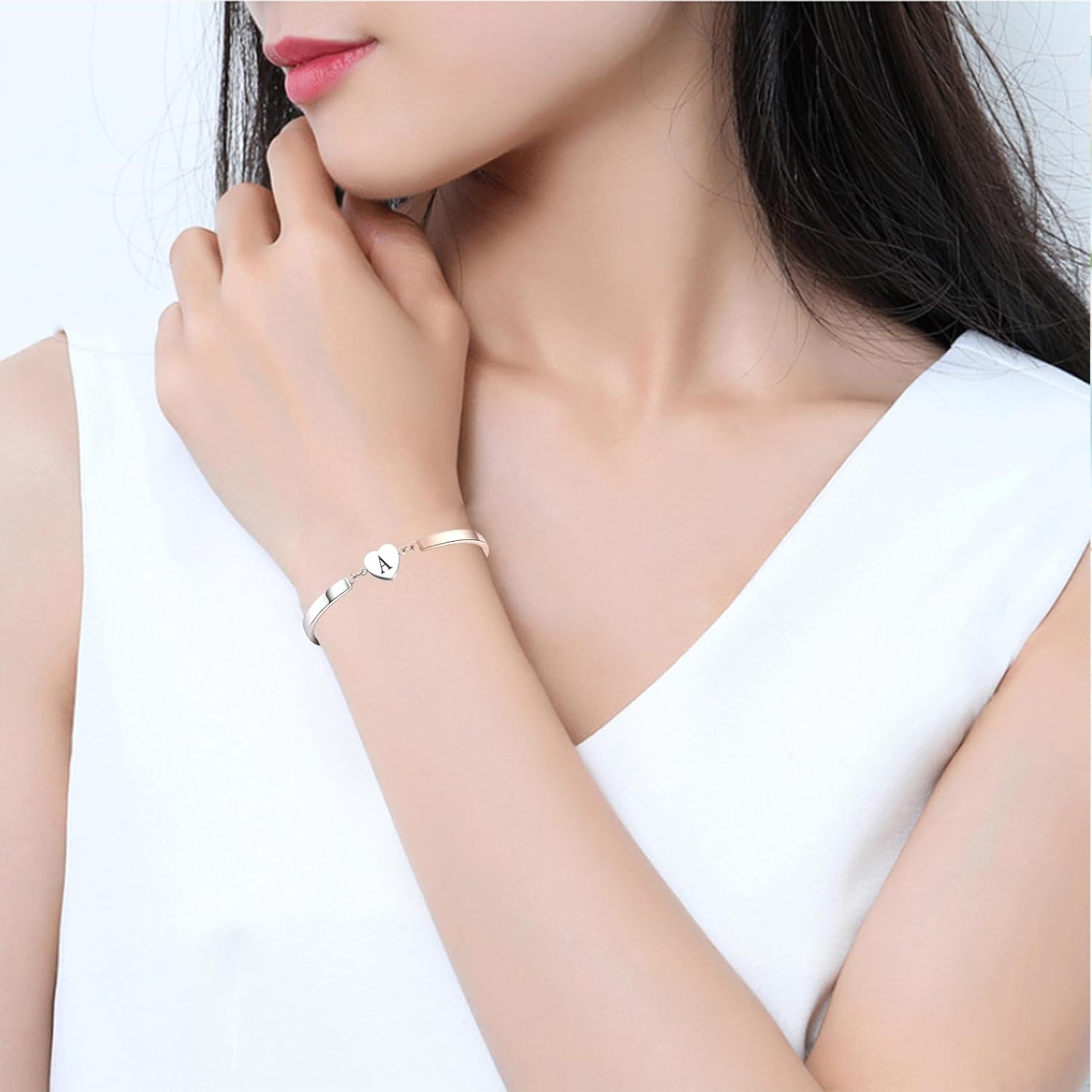 Women Heart Initial Letter Bracelets Alphabet 26 Letters Charms Bangle Bracelet Stainless Steel Adjustable Personalized Name Jewelry - Image 6