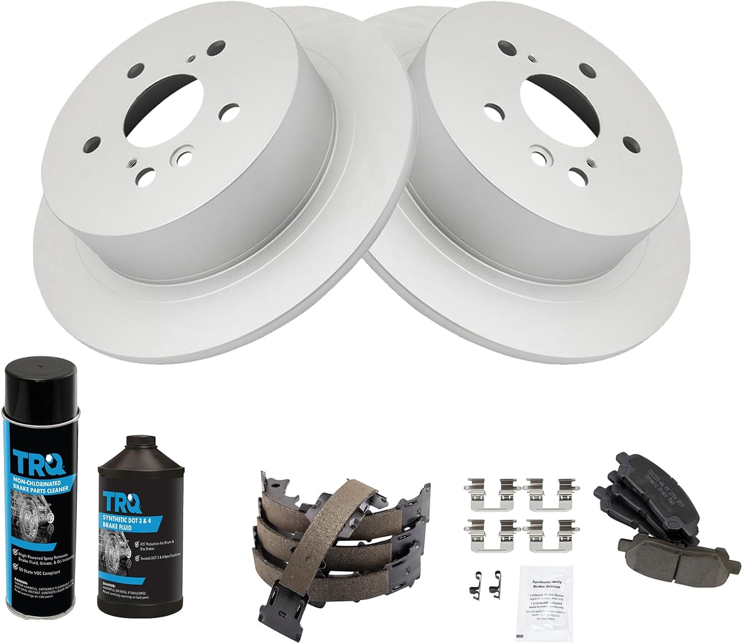 TRQ Rear Brake Pad & Rotor Kit Brake Chemical Kit Brake Pads Brake Rotor Parking Brake Shoe Set Ceramic Premium G-Coated Compatible with 2012-2013 Toyota Highlander