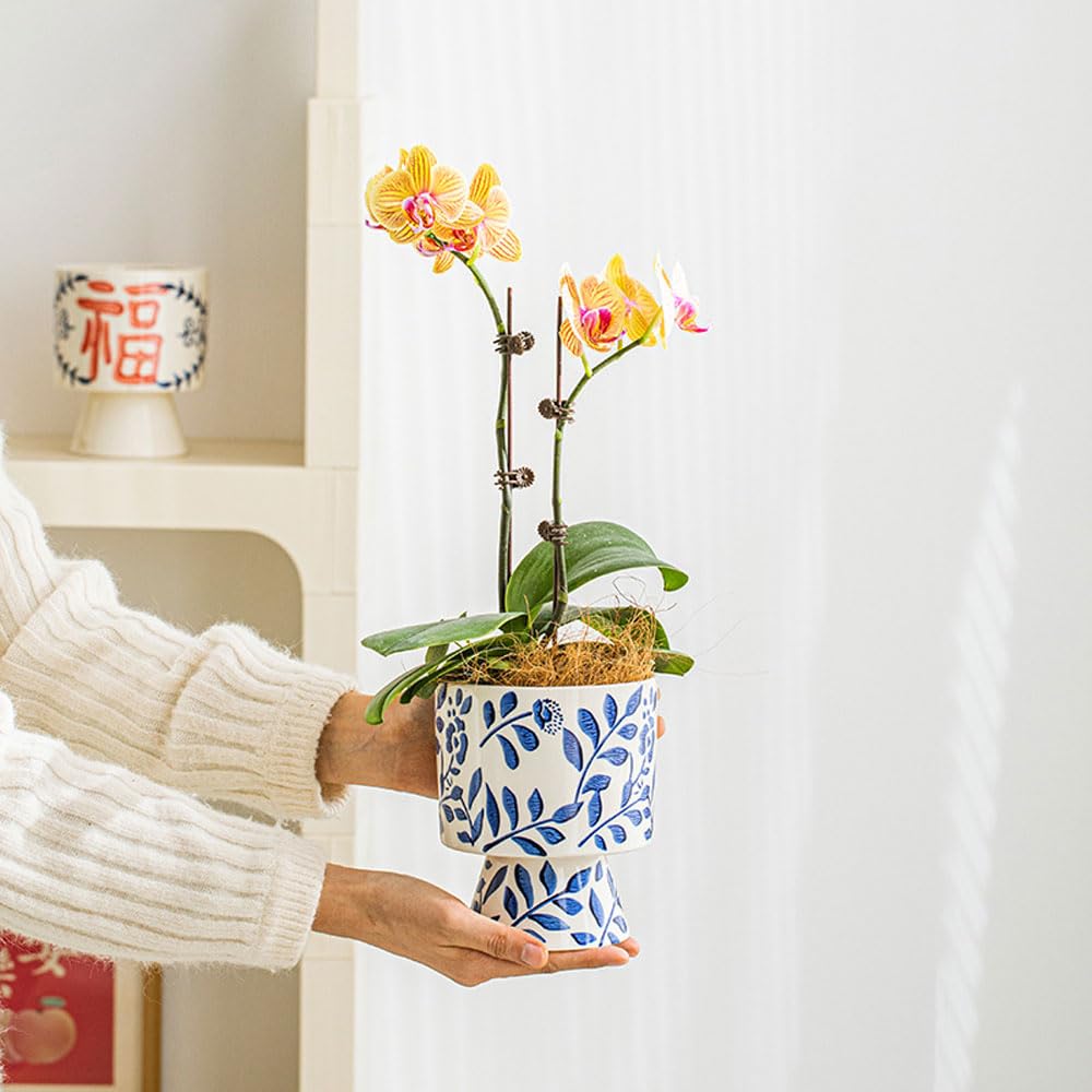 Doniczka na storczyki Phalaenopsis, niebiesko-biała porcelanowa doniczka ceramiczna doniczka ogrodowa doniczka na rośliny domowe mała doniczka na storczyki ceramiczna,B 12.5 * 15.5CM