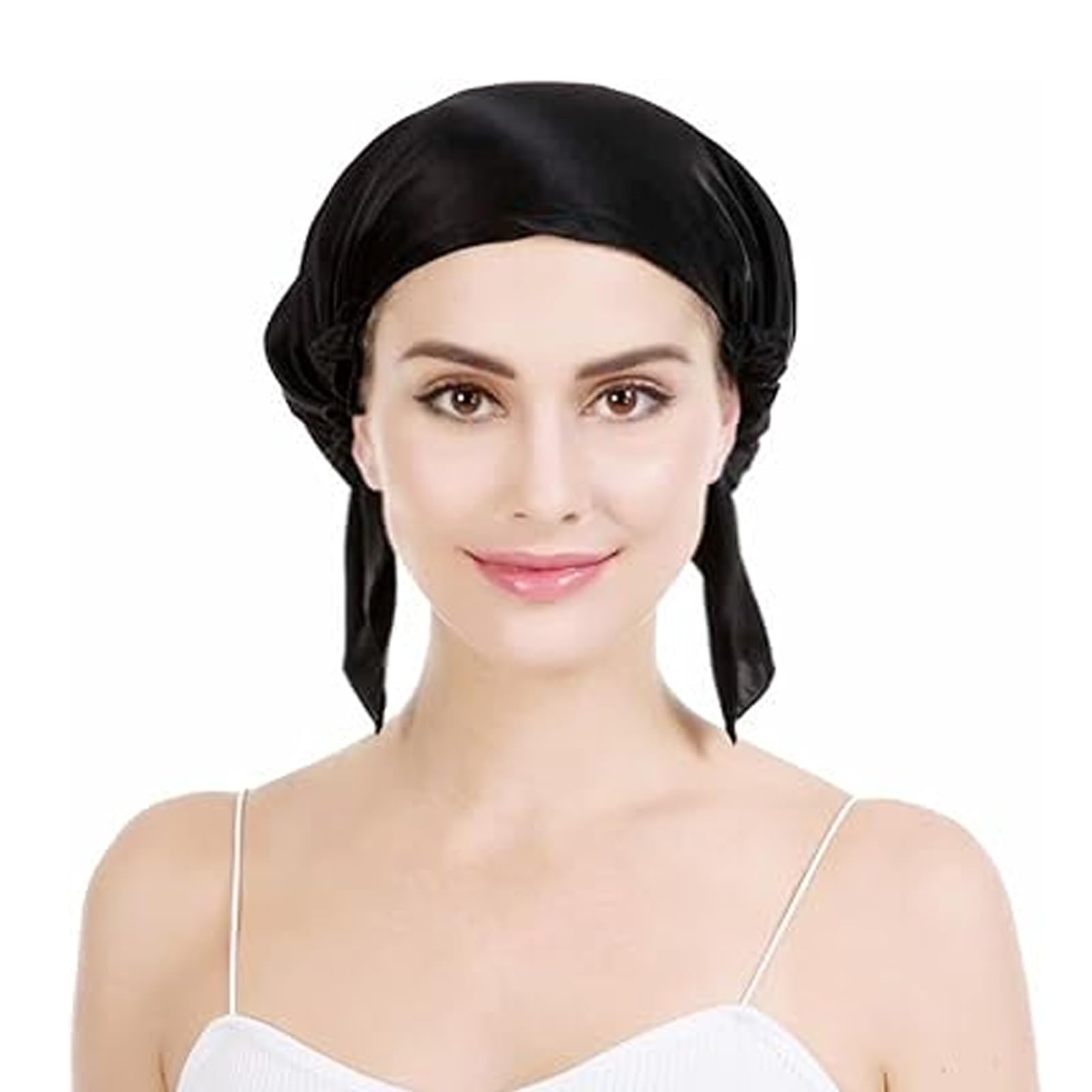 TRHDFW Mulberry Silk Night Sleep Cap Bonnet for Hair Loss Women Silk Hair Wrap 19 Momme Soft with Adjustable Elastic Ribbon Black - Image 3