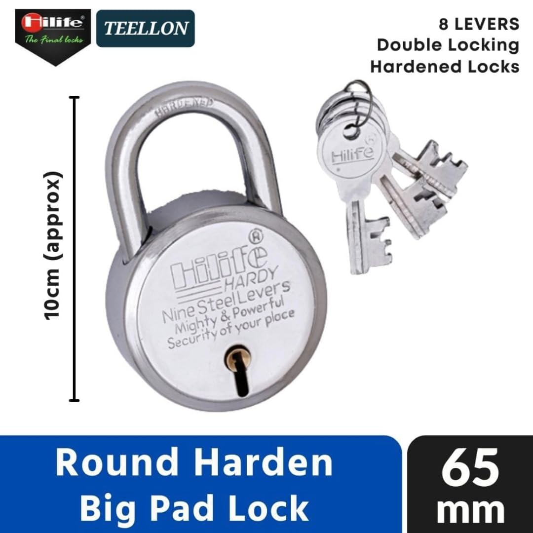 TEELLON® HiLife Harden-65 Round Padlock with 3 Feet (5mm) Heavy Duty Strong Metal Chain with Lock 8 Steel Levers, Double Locking Lock with 3 Keys for Home Main Door, Channel Gate Shutters/Godowns — Amazon image 3