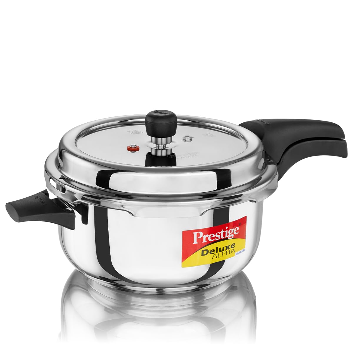 Prestige Deluxe Alpha Svachh Stainless Steel Pressure Cooker with Alpha Base and Deep Lid for Spillage Control, (Deep Pressure Pan 5L)