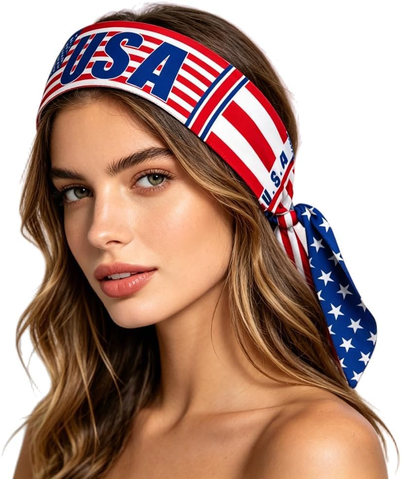 Head Tie Headband for 4th of July, Tie Up Sweatband for Tennis Sweat Hair Band Ninja Karate Pirates Basketball, Running, Workout