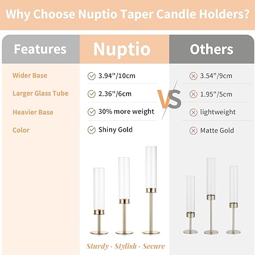 Miniatura 3 de NUPTIO Portavelas cónicos dorados: juego de 3 candelabros altos de huracán con tapas de vidrio transparente de extremo abierto, soporte de vela