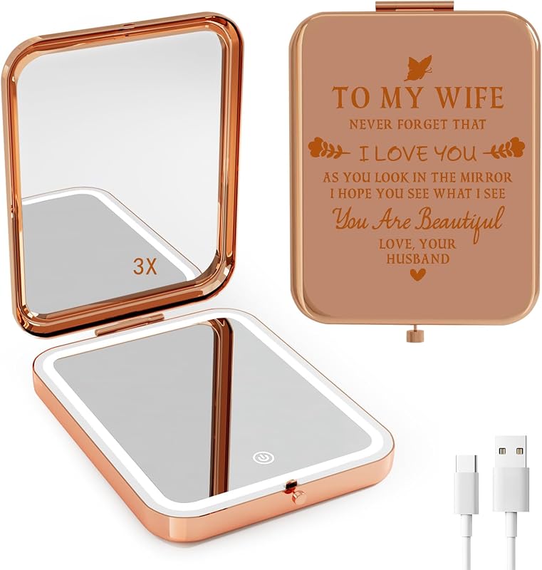 Espelho compacto GLINTZ com luz LED, dupla face 1x/3x, 3 modos de iluminação, brilho ajustável e recarga USB-C, Rose Gold, 1 unidade
