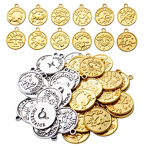 BronaGrand 48pcs Round Zodiac Sign Charms (12 Constellation Styles, Gold & Antique Silver, 20.5mm17.4mm) for DIY Earring, Bracelet, Necklace & More