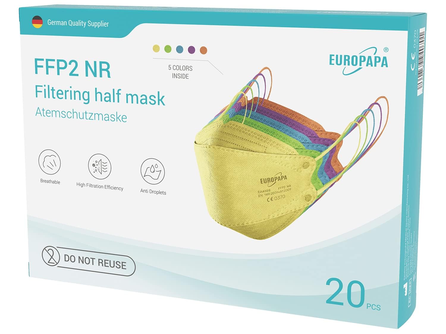 EUROPAPA® 20x FFP2 Fish Shape Masks Respirator Mask 4-Layer Dust Masks Hygienic Individually Packed Body Certified EN149 Face Mask EU2016/425