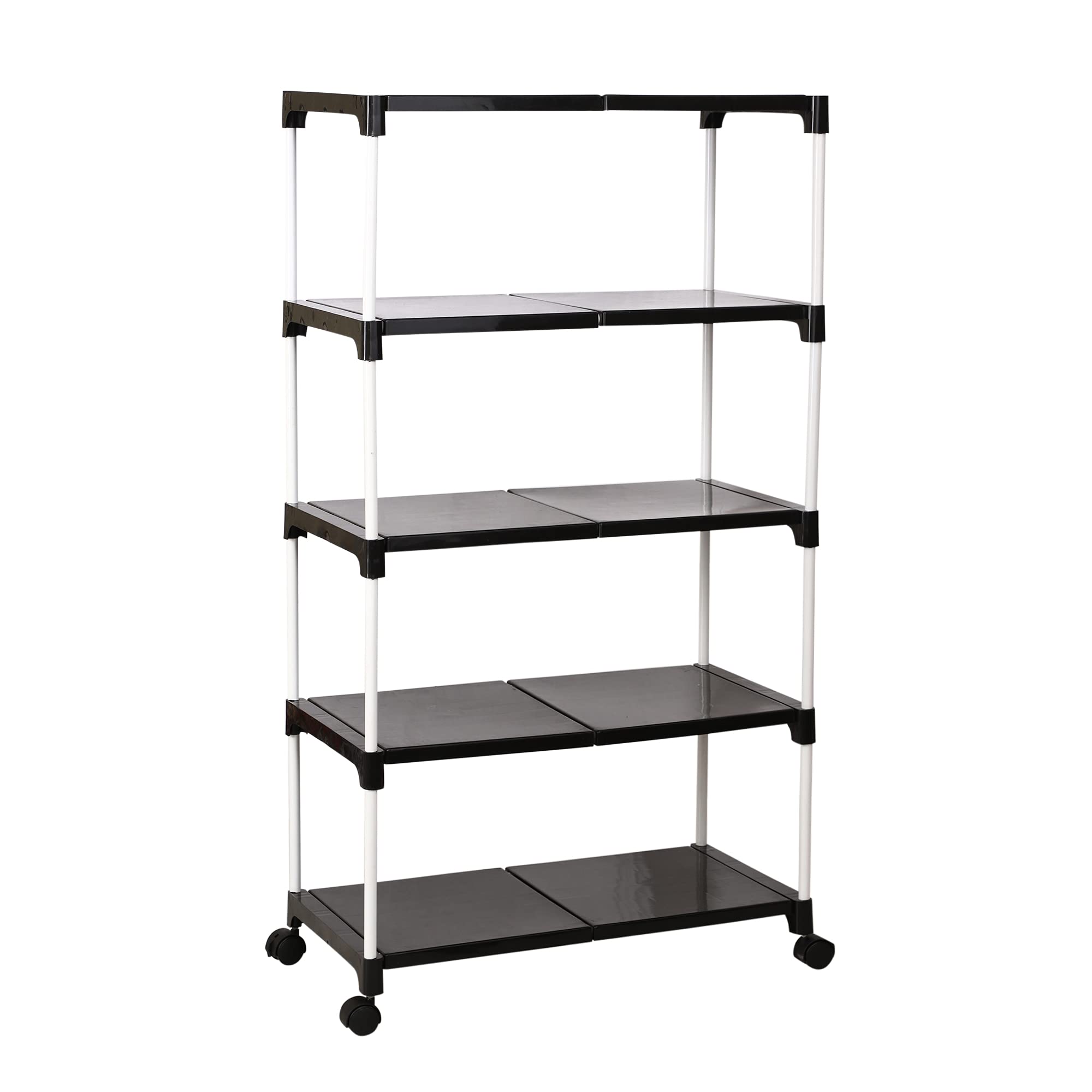 YMRR® Multipurpose Portable Folding Shoe Racks for Home Steel & Plastic Shoe Storage Organizer Cabinet Utility Rack with Wheels (Black Plastic 5 Shelves with White Steel Rods)-image-22