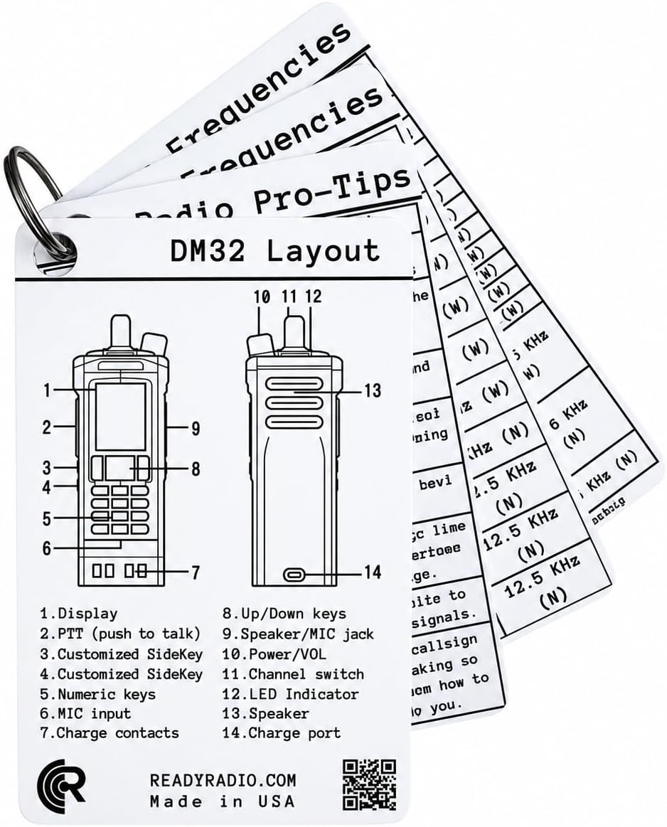 Baofeng DM-32 Comms Cards – Waterproof Pocket Frequency Guide for HAM, GMRS, FRS, MURS & Emergency Comms | NOAA Weather, PACE Plan, CTCSS/DCS Tones | Prepper EMCOMM Field Reference | Ready Radio