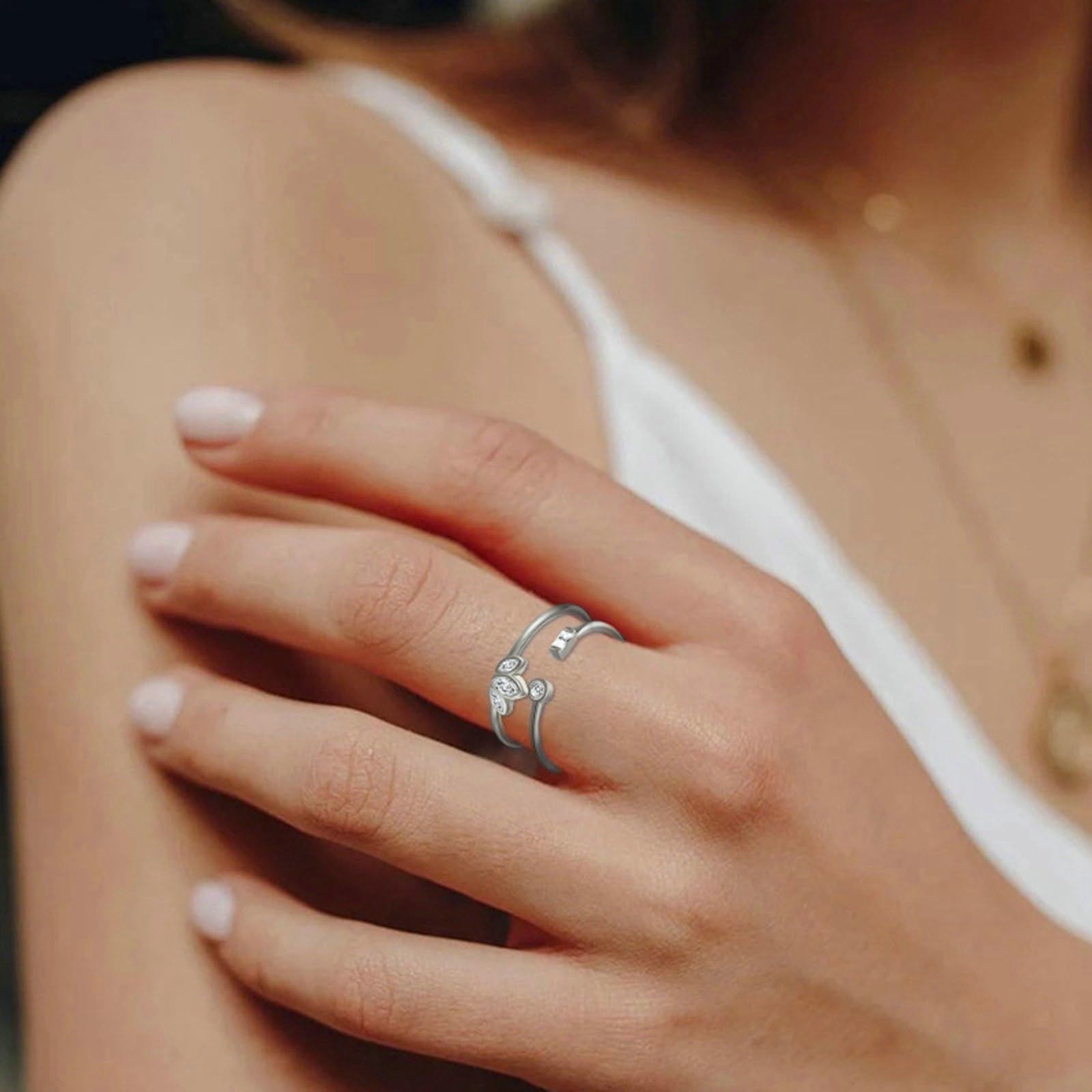 Anillo de mujer de oro blanco 585, talla marquesa, moissanita, anillos para mujer, oro y hojas, 45 (14,3) - 62 (19,7)