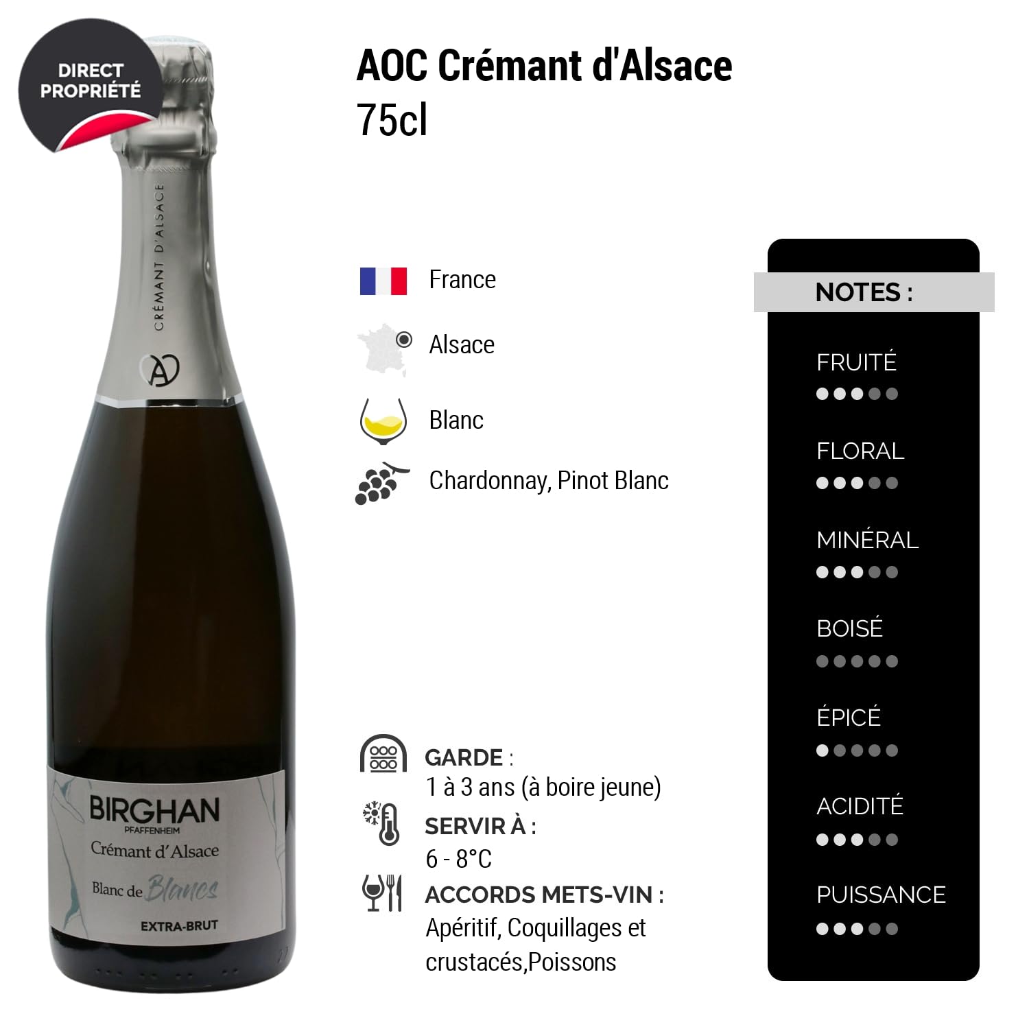 Crémant d'Alsace Blanc de Blancs Extra-Brut - Blanc - Birghan - Vin Blanc d' Alsace (3x75cl) Effervescent
