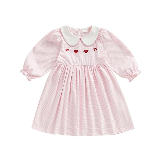 MBMSHEGH Vestido infantil para o dia dos namorados, bordado de coração, listrado, bufante, manga comprida, roupas infantis 1-8 anos