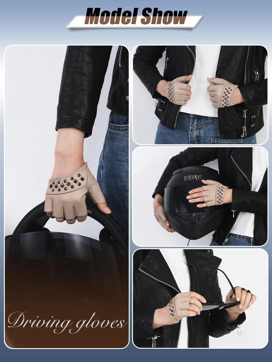 FIORETTO Womens Fingerless Leather Gloves for Driving Unlined Half Finger Punk Gloves 180413 - Image 2