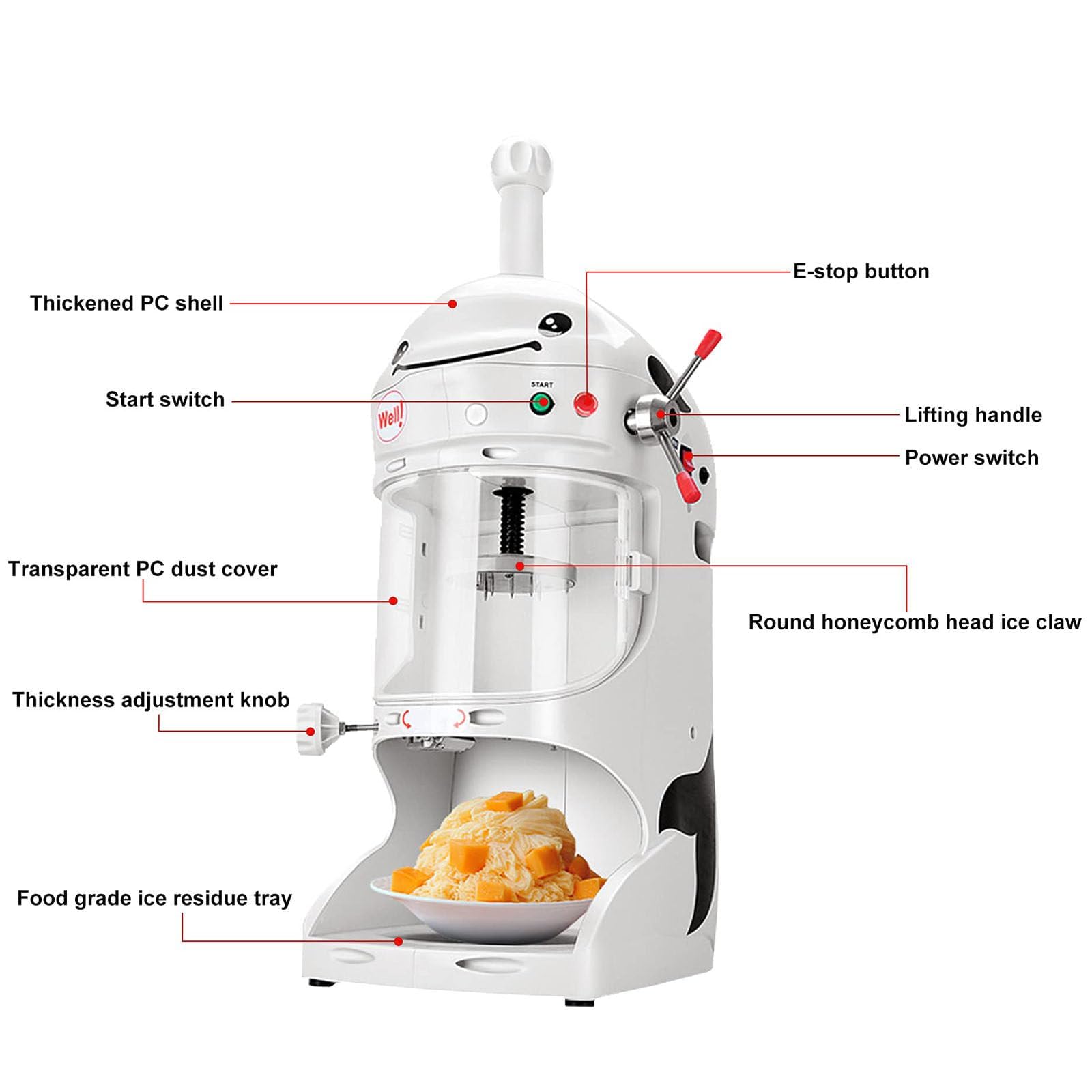 Máquina De Hielo Raspado Eléctrica De 350 W - Volumen De Hielo Raspado: 90 Kg/H, Máquina De Hielo Raspado Eléctrica - Espesor Ajustable + Manija De Elevación + Protector contra Salpicaduras