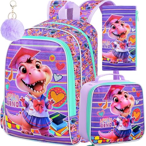 Image of AGSDON 3PCS Dinosaur Backpack for Girls, 16 inch Kids Backpacks with Lunch Box, Water Resistant Girl School Bookbag for Elementary