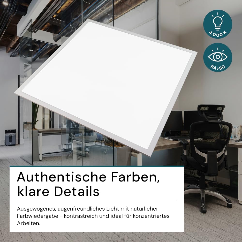 LUXULA LED BackLit Panel, 62x62 cm, IP44, 40W, 4400lm, 4000K Neutralweiß, 110° Abstrahlwinkel, LED Deckenleuchte, Büro und Küche, Rasterdecke 62x62, Deckenplatten 62x62, inkl. ENEC Marken-Netzteil